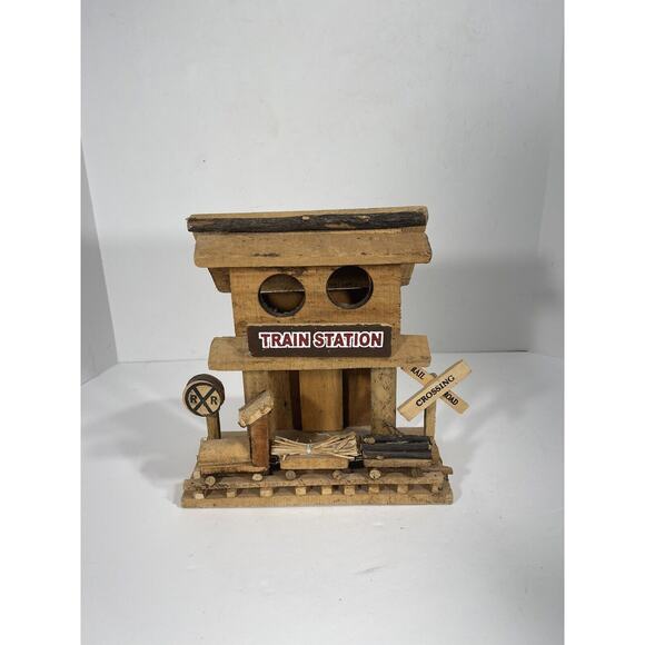 Vintage Handmade Rustic Folk Art Wooden‎ Train Station Depot Railroad Crossing - Picture 1 of 9
